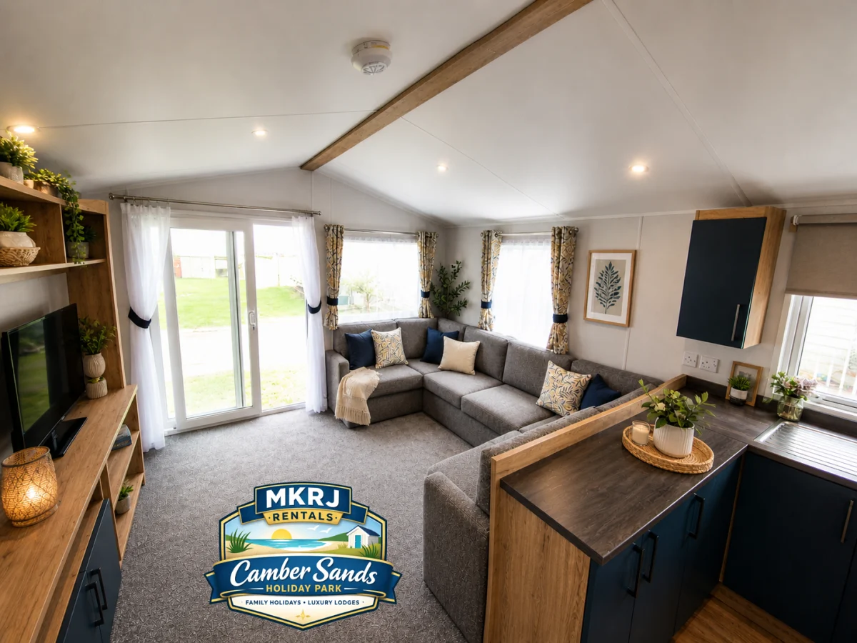 The welcoming lounge inside RJ’s Beachside Haven Premium caravan
